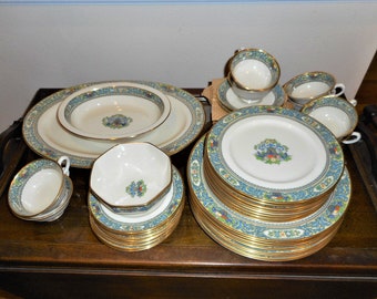 Large Collection 43 Piece Lenox Dinnerware Set Service for 8 Porcelain Turquoise Blue Autumn Pattern French Farmhouse Serving