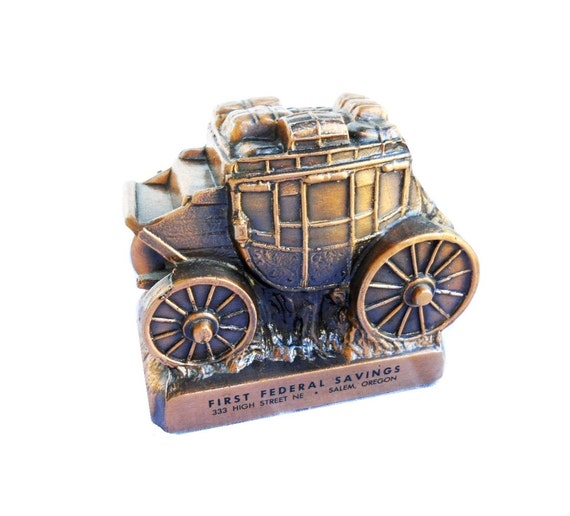 Mid Century Copper Flash 1970s Advertising Bank First Federal Savings Copper Tone Metal Bank Souvenir Western Conestoga Chuck Wagon