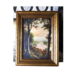 Antique Small Victorian 1800s Scottish HERALD Impressionistic Oil Painting Landscape Listed Signed Forest Trees River View Vintage Scotland image 1