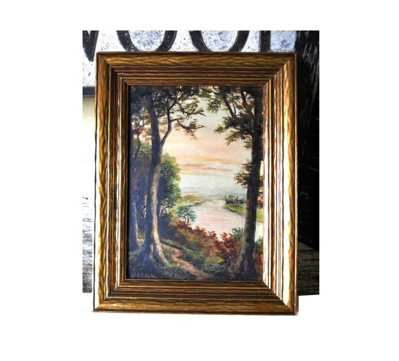 Antique Small Victorian 1800s Scottish HERALD Impressionistic Oil Painting Landscape Listed Signed Forest Trees River View Vintage Scotland image 1
