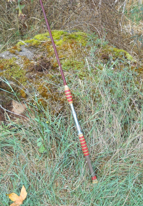 Vintage 1940s Fishing Rod Wood Red Striped Primitive Farmhouse