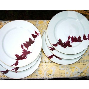 Mid Century Danish Modern Art Deco Bamboo Japanese Porcelain Lunch Wedding Dessert Plates Set of 6 Handpainted Burgundy Red Gold White image 1