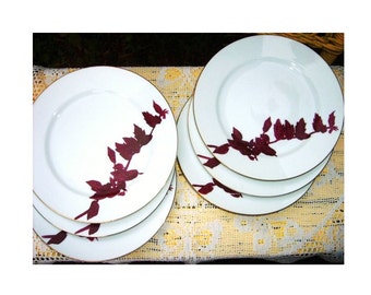 Mid Century Danish Modern Art Deco Bamboo Japanese Porcelain Lunch Wedding Dessert Plates Set of 6 Handpainted Burgundy Red Gold White