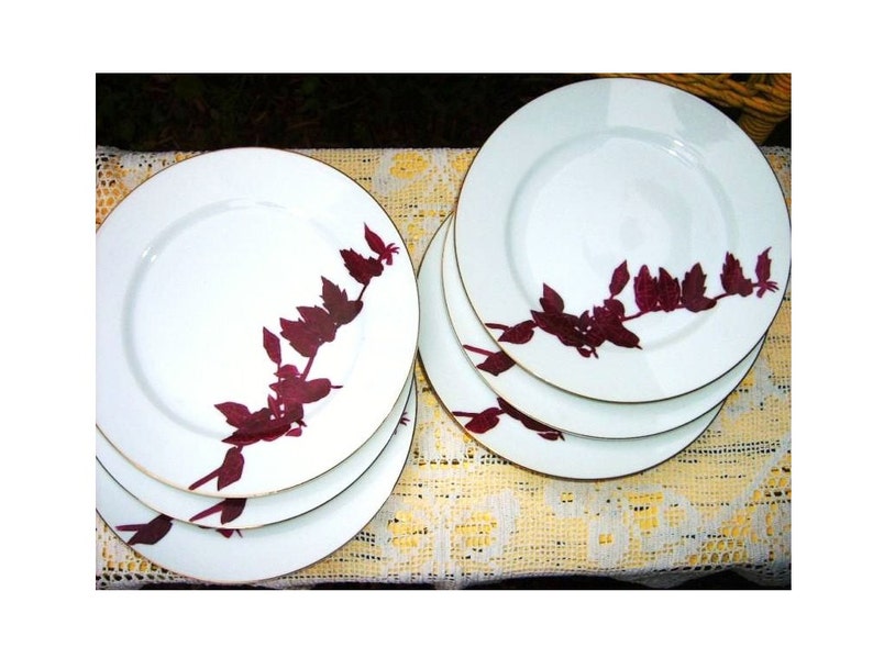 Mid Century Danish Modern Art Deco Bamboo Japanese Porcelain Lunch Wedding Dessert Plates Set of 6 Handpainted Burgundy Red Gold White image 1