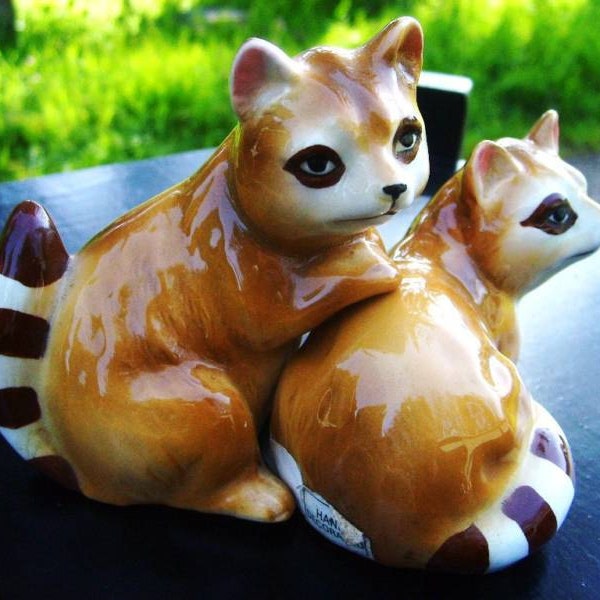 Norcrest Rare Racoon Huggers 1940s-1950s Vintage Mid Century Danish Modern Japan Porcelain Salt and Pepper Shakers Figural Cuddling Coons