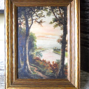 Antique Small Victorian 1800s Scottish HERALD Impressionistic Oil Painting Landscape Listed Signed Forest Trees River View Vintage Scotland image 3