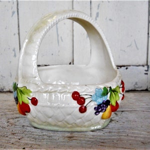 1930s French Country Ceramic Czechoslovakian Porcelain Repousse Basket Luster Ware Fruit Bowl Table Decor Pottery Vintage Cottage Farmhouse image 3