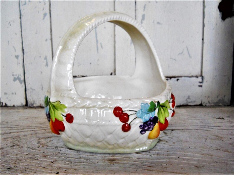 1930s French Country Ceramic Czechoslovakian Porcelain Repousse Basket Luster Ware Fruit Bowl Table Decor Pottery Vintage Cottage Farmhouse image 3