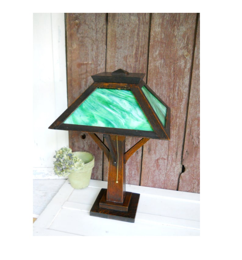 Antique Wb Brown Mission Green Slag Glass Lamp Quartersawn Oak Arts Crafts Stickley Era Library Table Architectural Lighting