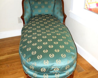 Antique French Country Louise XV Bergere Chair Chaise Lounge Day Bed Napoleon Bee Laurel Wreath Turquoise Emerald Green Silk Carved Wood