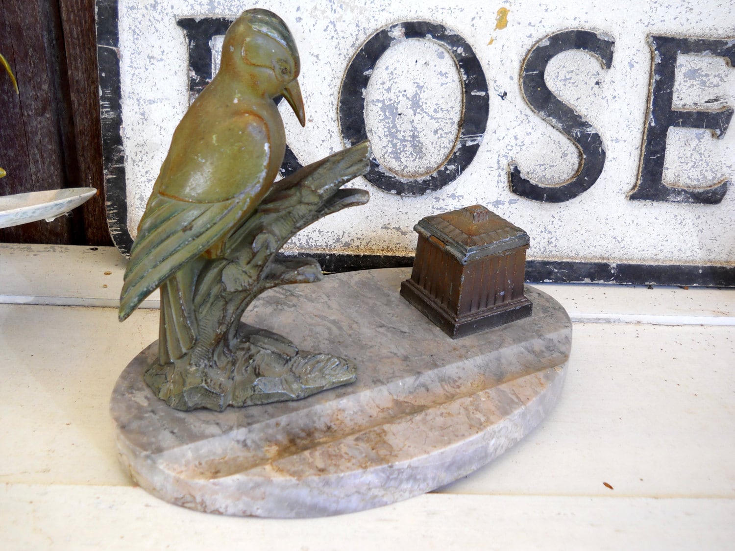 Antique Victorian French Country Woodpecker Bird Inkwell Rare Art Nouveau 1880S Cold Paint Spelter Marble Ink Well Library Desk Vintage