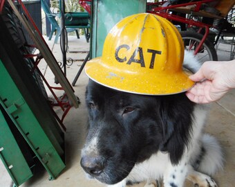 Vintage Rare Mid Century Yellow Metal Danger Construction Caterpillar Safety Brim Hard Hat Advertising CAT LEW Industrial Yellow Primitive