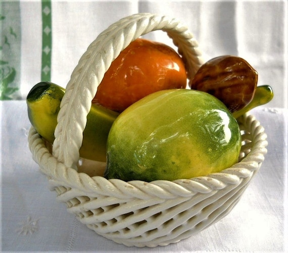 Vintage 1940s Spanish Italian Capodimonte Ceramic Lattice Art Fruit Basket Table Decor Porcelain Cottage Prairie Farmhouse French Country