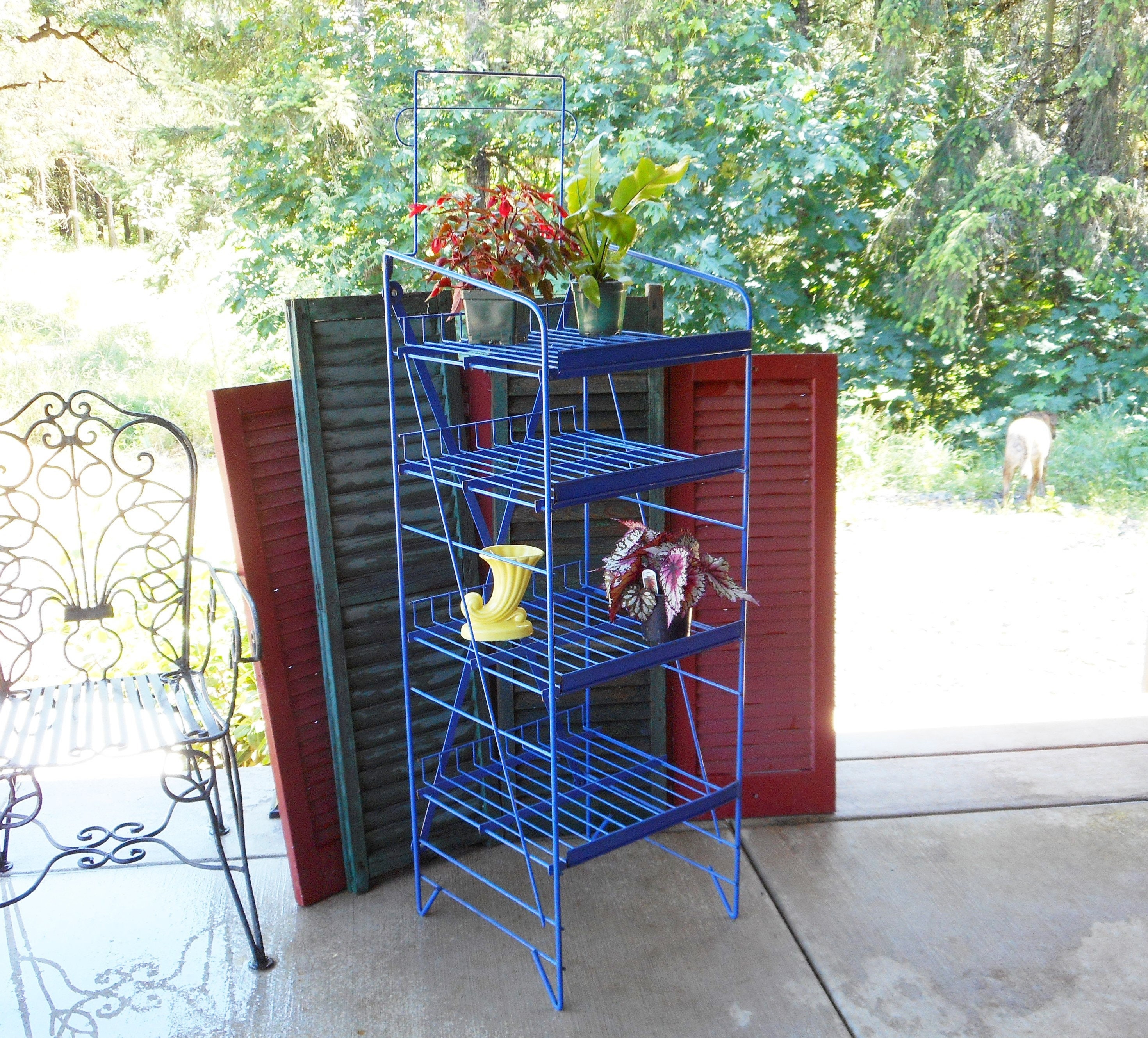 Folding Iron Cobalt Blue Wire Rare Metal Garden Plant Stand