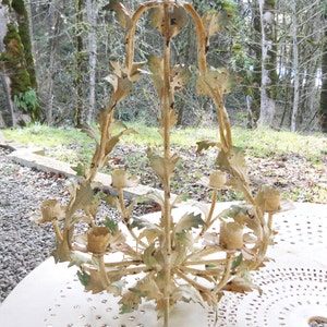 Fench Country White Italian Tole Cottage Candle Holder Candelabra Chandelier Vintage 1920s-60s Botanical Iron Leaves Petals Verdigris Patina