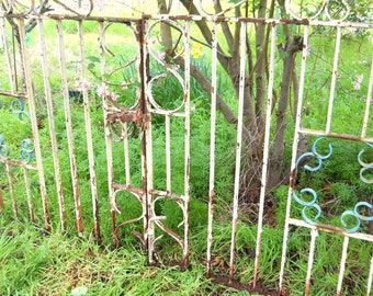 May include: A white metal gate with blue accents and rust showing through the paint. The gate is partially open and is surrounded by green grass.