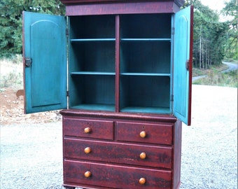 Antique Rare Red Smoke Decorated Burgundy Grain Painted Cupboard, Farmhouse Stepback Cabinet, Americana Pine Linen Press Maine Summer House