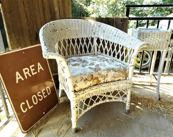 Antique Original Victorian White Wicker Arm Chair Bar Harbor French Country Arts & Crafts Era Craftsman Cottage Porch