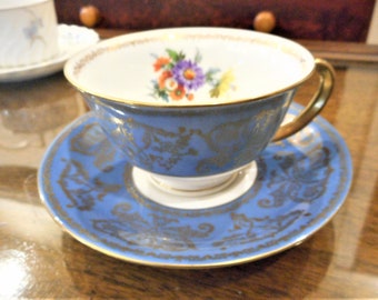 Puls Czechoslavakia Blue and Gold Coffee Tea Cup & Saucer Porcelain French Farmhouse Serving