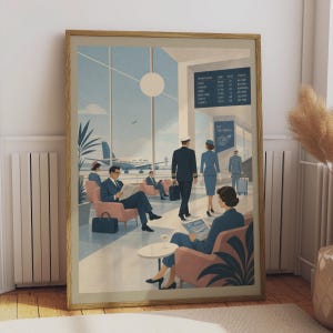 May include: A framed art print depicting a mid-century airport terminal scene with passengers in suits and dresses, a pilot, and a flight attendant. A large departure board displays flight times and statuses, while an aeroplane is visible on the tarmac.