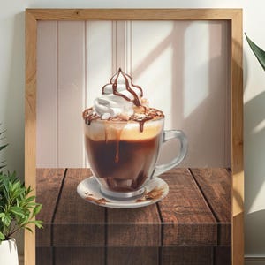 May include: A clear glass mug filled with dark brown coffee, topped with a generous swirl of white whipped cream and drizzled with dark chocolate syrup. The mug sits on a matching glass saucer, with small drips of chocolate running down the side.