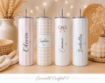 Vaso térmico personalizado de 20 oz, vaso con nombre personalizado, vaso estilo preppy, vaso con lazo, regalo coqueto, botella de agua personalizada, regalo personalizado para ella.