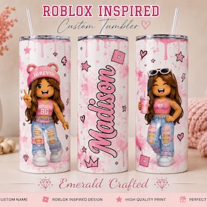 Personalized Roblox Inspired Tumbler, Custom Kids Water Bottle, Roblox Style Girl Tumbler, Roblox Style Boy Tumbler, Name Tumbler Gift image 1