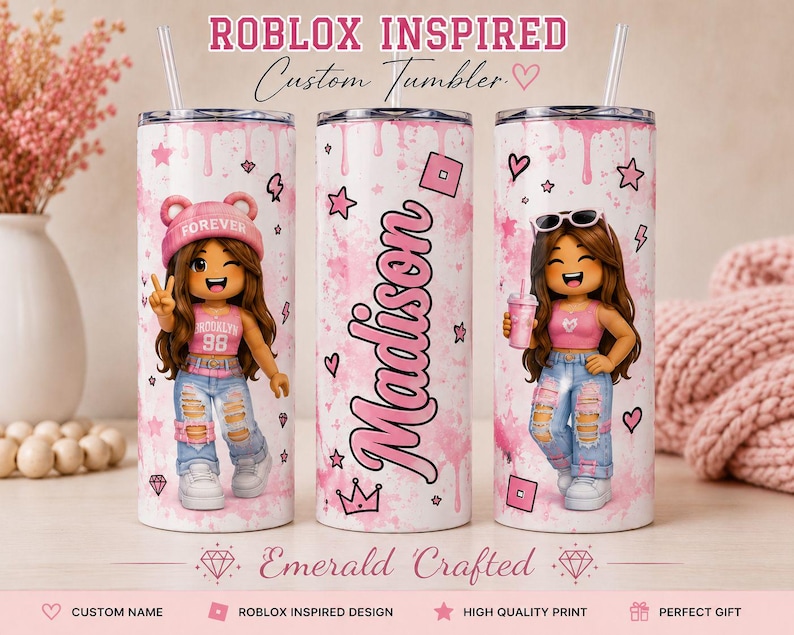 Personalized Roblox Inspired Tumbler, Custom Kids Water Bottle, Roblox Style Girl Tumbler, Roblox Style Boy Tumbler, Name Tumbler Gift image 1