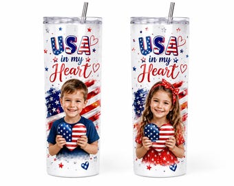 Botella de agua con foto personalizada, vaso infantil personalizado, USA In My Heart, regalo patriótico para niño o niña, botella de agua con imagen personalizada