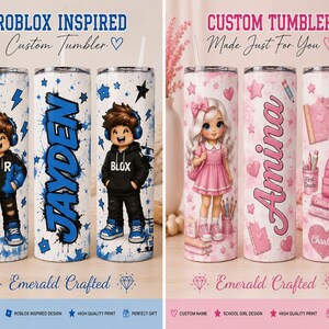 May include: Two custom tumblers with straws. The left tumbler features a blue and white paint splatter design with a cartoon character and the name JAYDEN. The right tumbler features a pink and white design with a cartoon character and the name Amina.