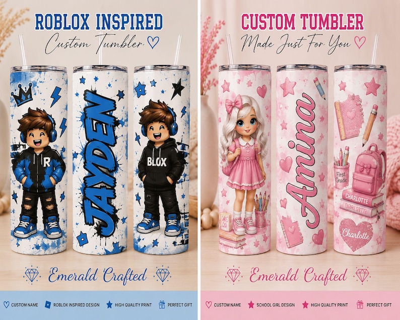 May include: Two custom tumblers with straws. The left tumbler features a blue and white paint splatter design with a cartoon character and the name JAYDEN. The right tumbler features a pink and white design with a cartoon character and the name Amina.