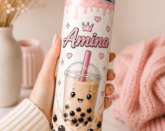 Vaso personalizado para té de burbujas, taza de té de burbujas estilo Kawaii, vaso con nombre personalizado, regalo para amantes del té de burbujas, vaso delgado de 20 oz.