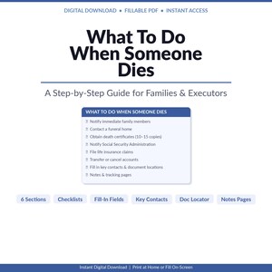 May include: A digital document titled What To Do When Someone Dies: A Step-by-Step Guide for Families & Executors. It features a checklist including notifying family, funeral homes, and Social Security, plus sections for contacts, notes, and tracking.