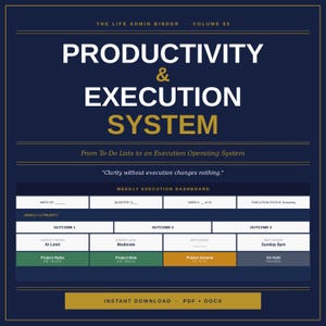 May include: A dark blue digital productivity planner page titled The Life Admin Binder Volume 05 Productivity & Execution System. It features a Weekly Execution Dashboard with fields for outcomes, capacity status, energy levels, and project tracking.
