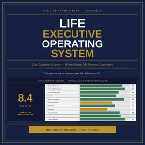 Puede incluir: Un documento digital azul oscuro titulado The Life Admin Binder Volume 10 Life Executive Operating System. Incluye un gráfico de barras que muestra una puntuación global de operaciones de vida de 8.4 sobre 10, con varios dominios de vida listados.