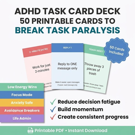 ADHD Task Card Deck | 50 Printable Cards for Executive Dysfunction (Digital Download)