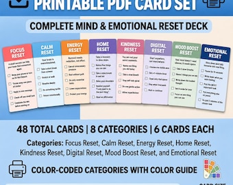Puede incluir: Un juego de tarjetas PDF imprimibles titulado Complete Mind & Emotional Reset Deck. Incluye 48 tarjetas en 8 categorías codificadas por colores: Focus, Calm, Energy, Home, Kindness, Digital, Mood Boost y Emotional Reset. Cada tarjeta mide 3.5 por 5 pulgadas.