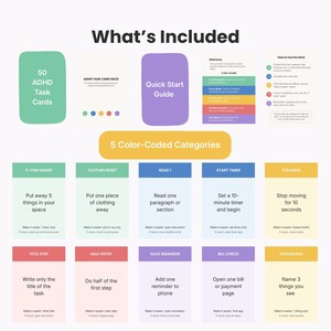 May include: An ADHD task card deck set featuring 50 task cards, a quick start guide, and a colour guide. The cards are organised into five colour-coded categories including green, blue, yellow, red, and purple, with text instructions for each task.