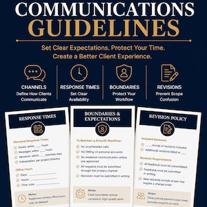 May include: A dark blue 11-page client communication framework template by Highline Ops Studio. It features sections for response times, boundaries, and revision policies with icons, checklists, and text fields for business communication management.