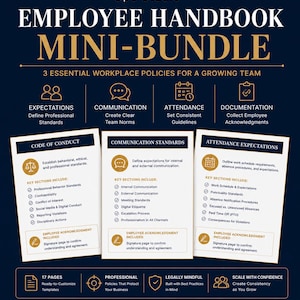 May include: A digital employee handbook mini-bundle from Highline Ops Studio featuring three documents: Code of Conduct, Communication Standards, and Attendance Expectations. The dark blue graphic includes gold text, icons, and lists of policy sections.