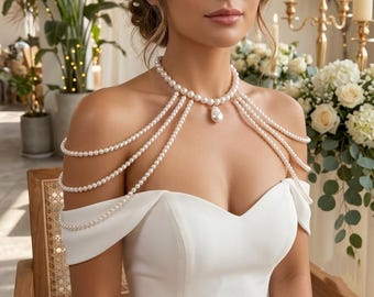Bridal Cape Necklace with Baroque Pendant, Layered Pearl Shoulder Body Chain