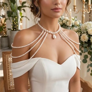 Bridal Cape Necklace with Baroque Pendant, Layered Pearl Shoulder Body Chain