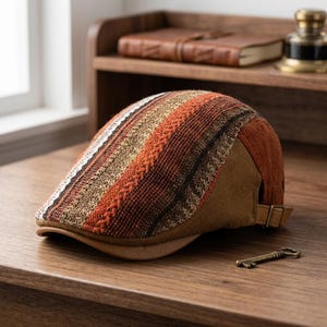 May include: A flat cap featuring a multi-textured pattern with vertical stripes in shades of burnt orange, brown, and cream. The cap includes a solid brown side panel, a curved brim, and an adjustable metal buckle strap at the back for sizing.