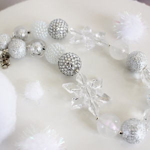 SNOWFLAKE SPARKLE Christmas Necklace, Stretch Bracelet, Silver & White Chunky Beads, Child to Adult Beaded Winter Statement Necklace