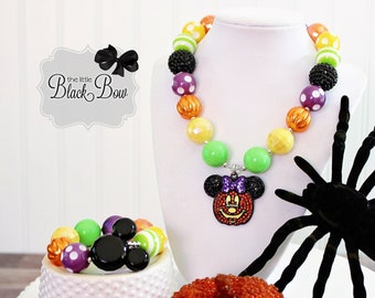 MINNIE PUMPKIN Necklace, Halloween Jewelry, Black Orange Yellow Green & Purple Beads, Child to Adult Size Beaded Statement Necklace Bracelet