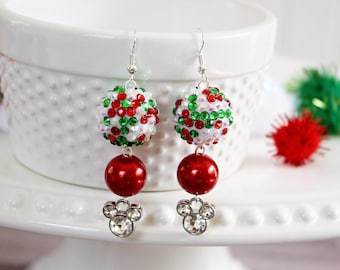 DISNEY CHRISTMAS Holiday Earrings, Mickey Mouse Dangle Earrings, Red & Green Beads, Festive Christmas Disney Jewelry