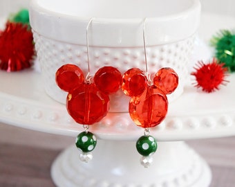 CHRISTMAS MICKEY EARS Holiday Earrings, Mickey Mouse Dangle Earrings, Red & Green Beads, Festive Christmas Disney Jewelry