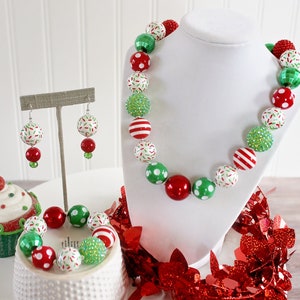 CHRISTMAS SPRINKLES Chunky Necklace, Chunky Bracelet, Red Green Beads, Adult Child Toddler Size Gumball Beaded Chunky Bead Necklace