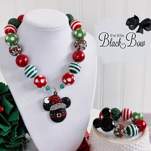 JOLLY MICKEY Christmas Necklace, Mickey Christmas Jewelry, Red Green Beads, Adult Child Size Gumball Beaded Chunky Statement Necklace