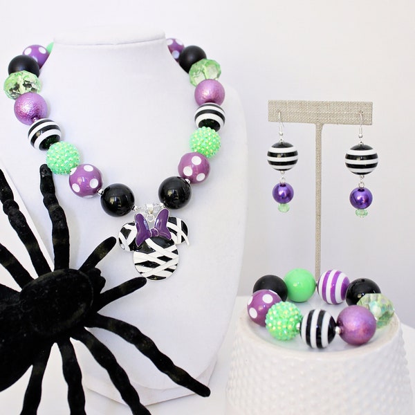 MUMMY MINNIE Halloween Chunky Necklace, Black Purple Green Beads, Halloween Jewelry, Beaded Statement Necklace Bracelet Earrings